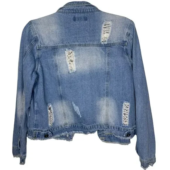 L.N.V By Lea Viola Distressed Jean Jacket with Patches Size Small - Picture 2 of 8